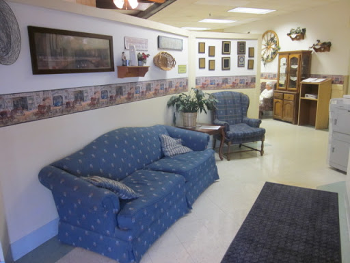 A cozy living room setting featuring blue furniture, decorative wall art, and house plants.