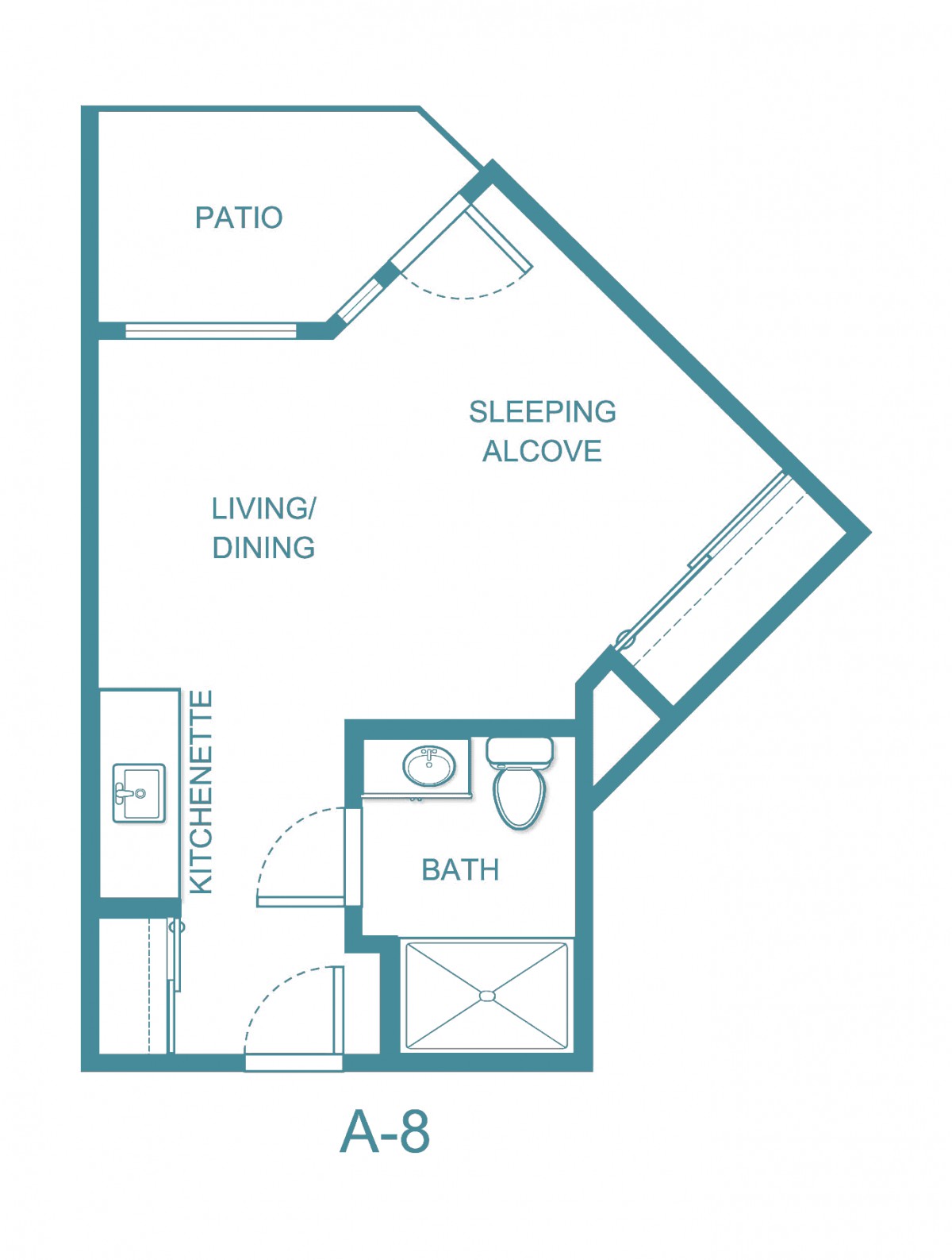 A detailed floor plan of a compact apartment featuring a living/dining area, kitchenette, bathroom, sleeping alcove, and patio.
