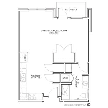 Floor plan of a studio apartment with balcony.