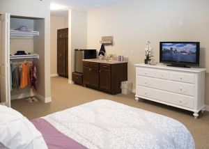 A modern bedroom with a dresser, TV, and open closet space.