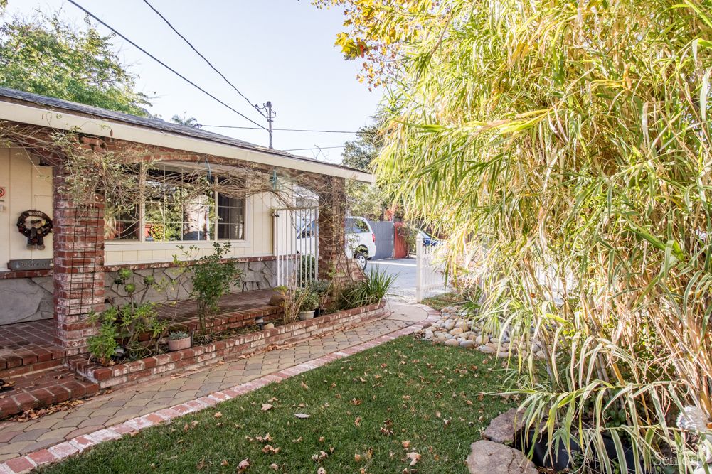 A charming house exterior with a garden, featuring a pathway surrounded by lush trees and foliage.