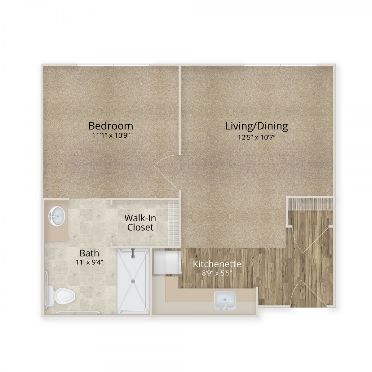 A floor plan of a 1-bedroom apartment featuring a living/dining area, kitchen, bathroom, and a walk-in closet.