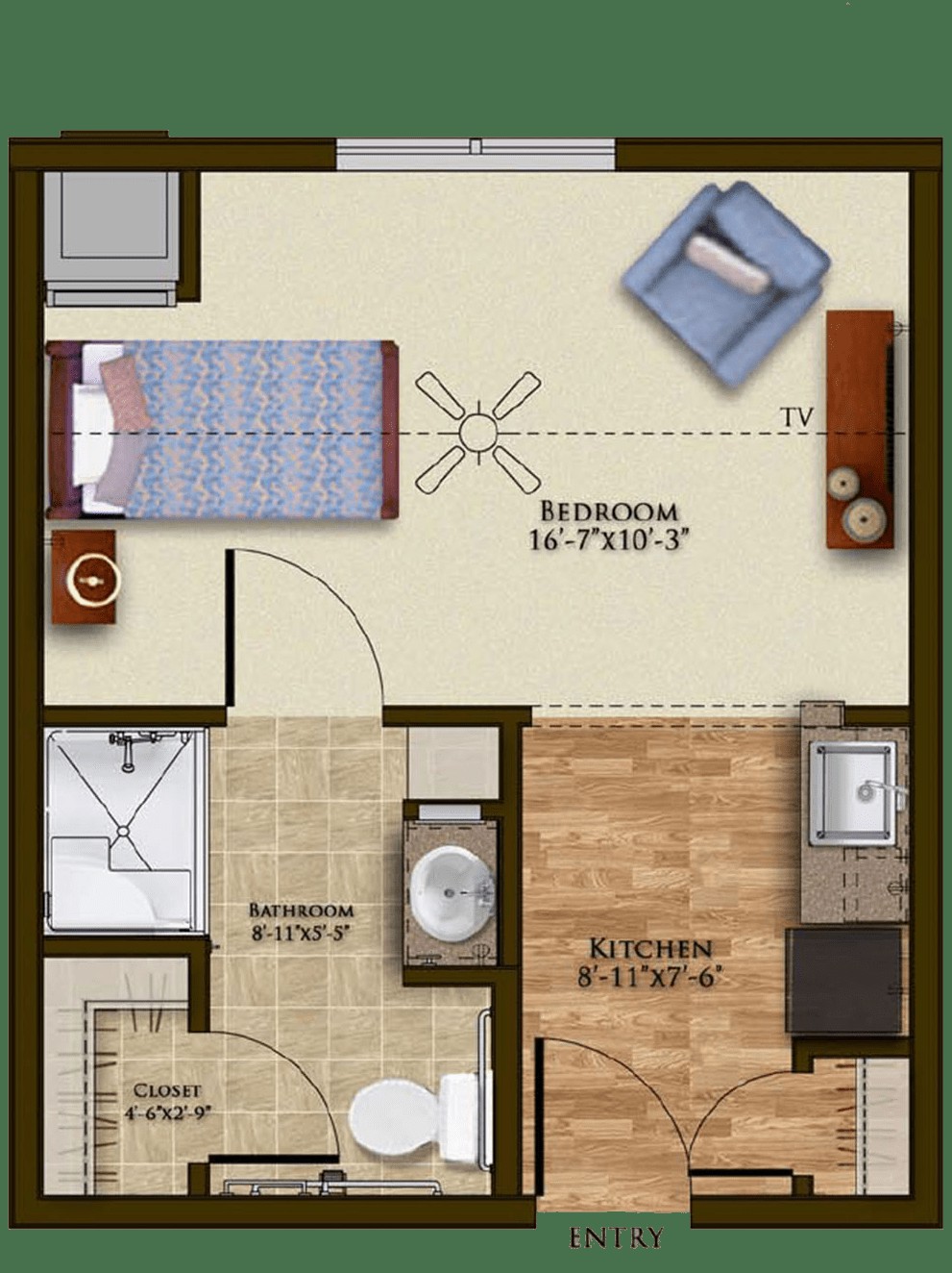 A detailed floor plan showing a compact apartment layout with a bedroom, kitchen, and bathroom.