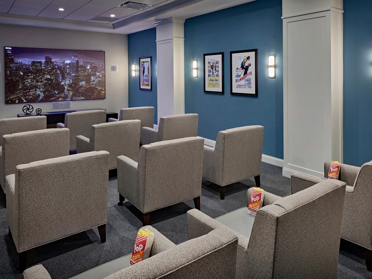 A modern indoor theater with comfortable seating and decorative artwork on the walls.