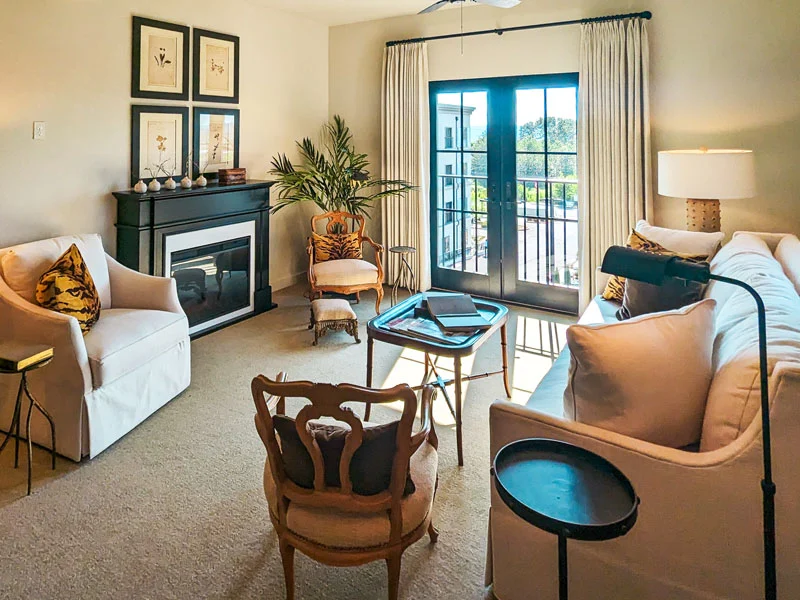 A cozy living room with elegant furniture and a fireplace, illuminated by natural light from French doors.