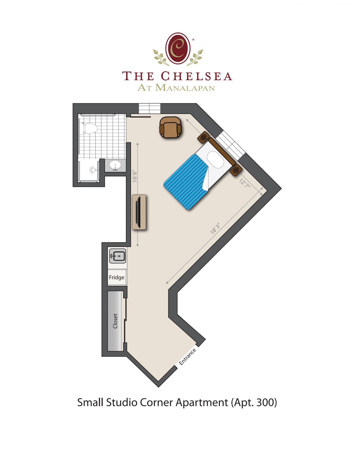Floor plan of a small studio corner apartment at The Chelsea.