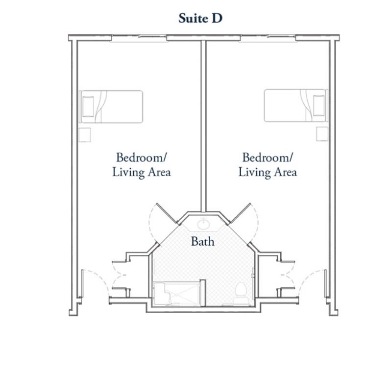 A floor plan diagram of Suite D, featuring two bedroom/living areas and a shared bath.