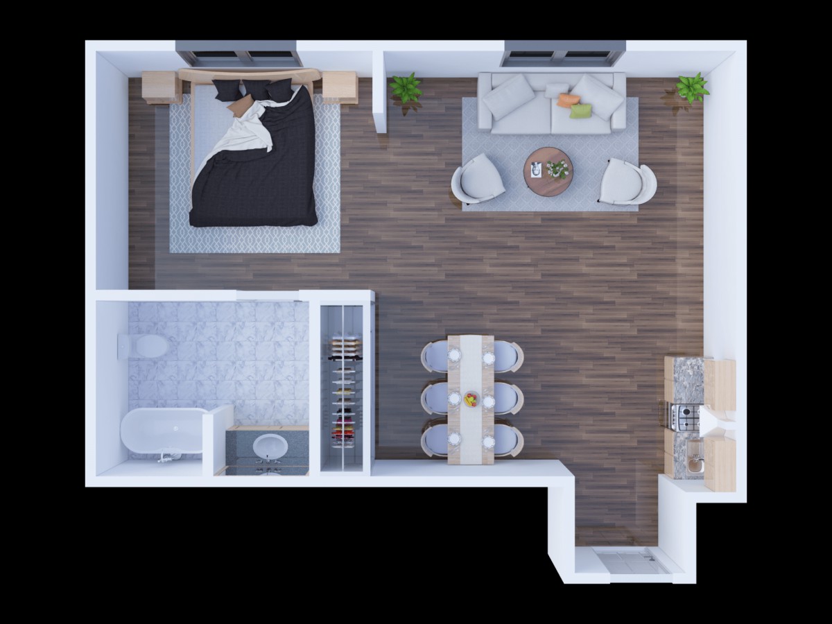 A modern apartment floor plan featuring an open living and dining area, a bedroom, and a bathroom.