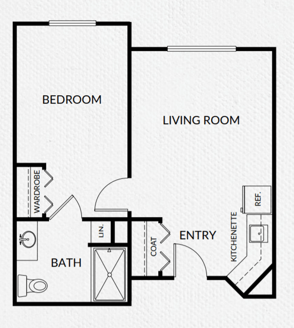 A one-bedroom apartment floor plan with a living room, kitchen, and bathroom.