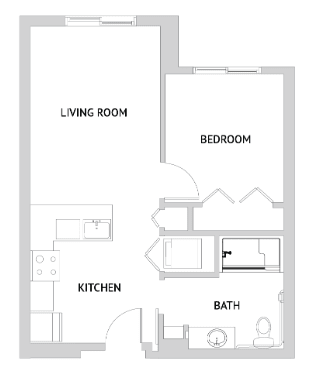 A floor plan of a one-bedroom apartment with a living room, kitchen, and bathroom.