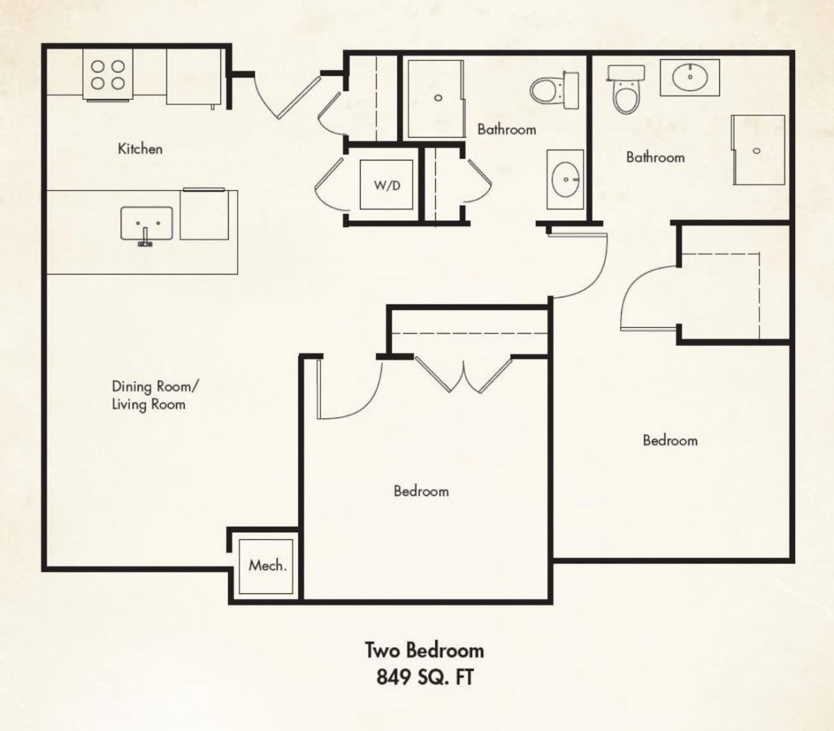 A floor plan of a two-bedroom apartment with a total area of 649 square feet.