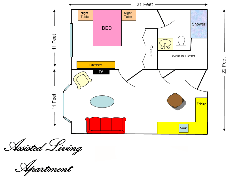 Floor plan of a studio apartment with labeled furniture and designated areas.