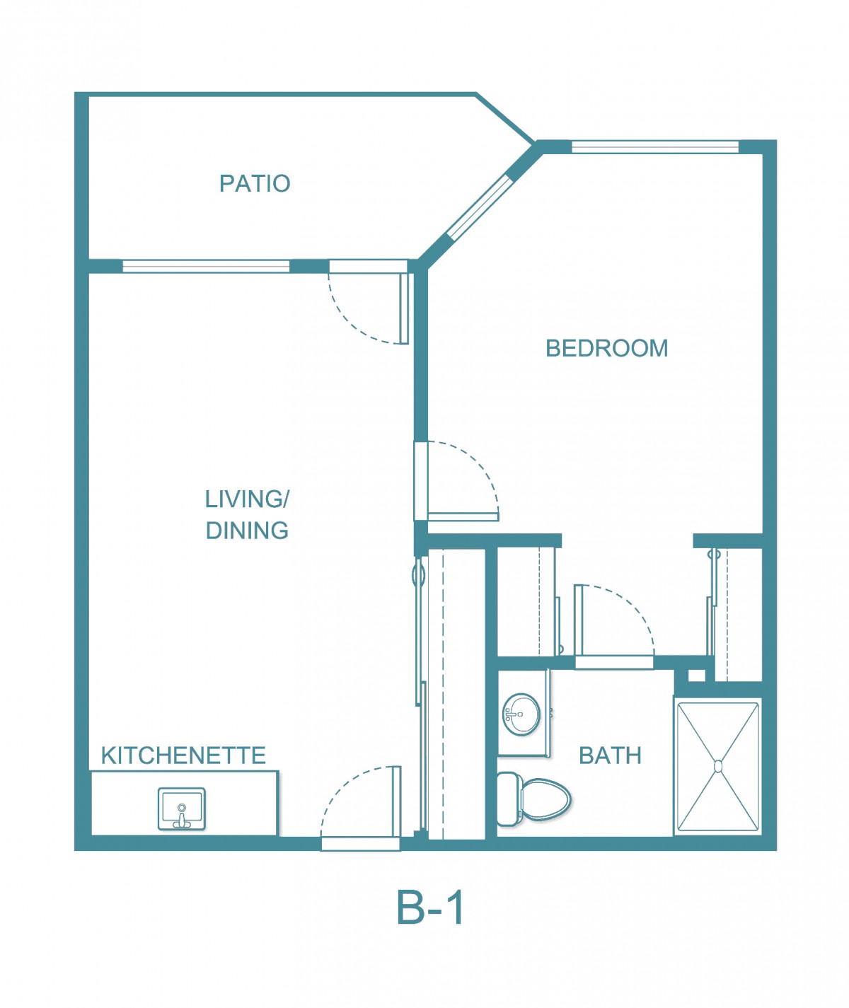A B-1 style floor plan featuring a one-bedroom apartment with a living area, kitchenette, bathroom, and patio.