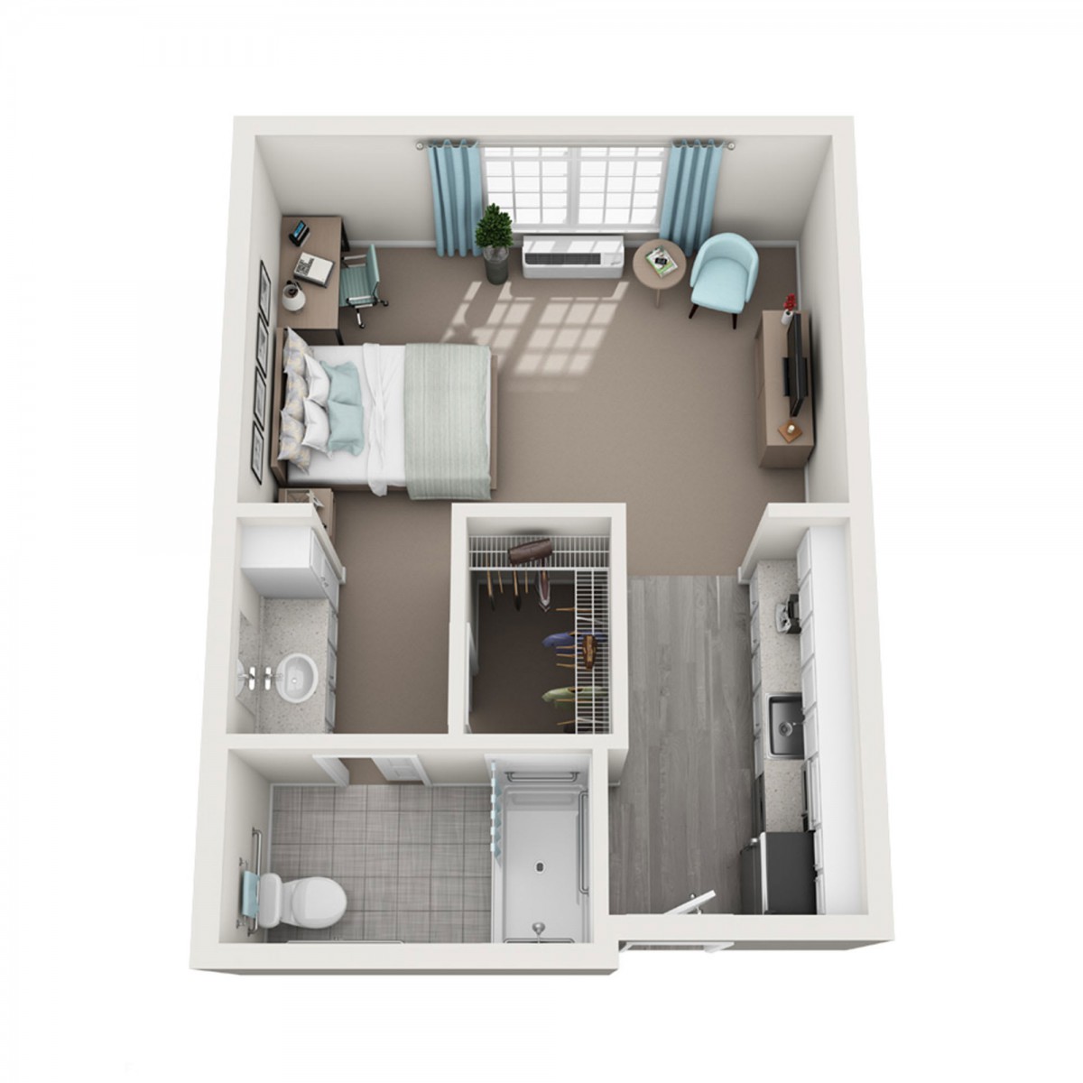 A 3D rendering of a one-bedroom apartment floor plan, featuring a bedroom, bathroom, and living area with furniture.