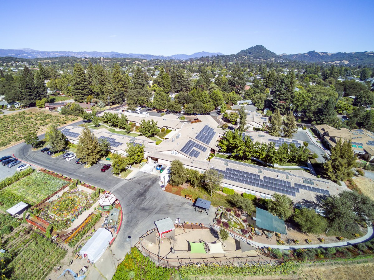 Aerial view of a landscape with buildings equipped with solar panels, surrounded by trees and roads.