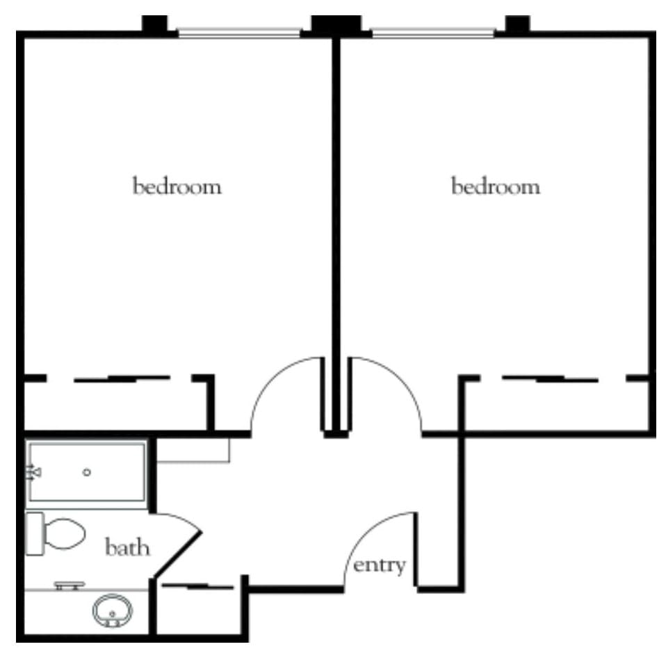 A simple floor plan of a two-bedroom apartment, featuring an entryway and a bathroom.