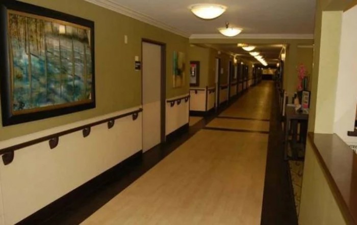 A long, well-lit hallway with paintings on the walls and handrails along the sides.