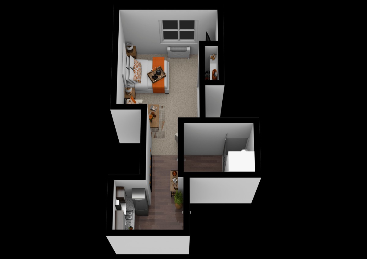A 3D rendered floor plan of a compact apartment layout, showcasing a kitchen, living area, and bathroom.