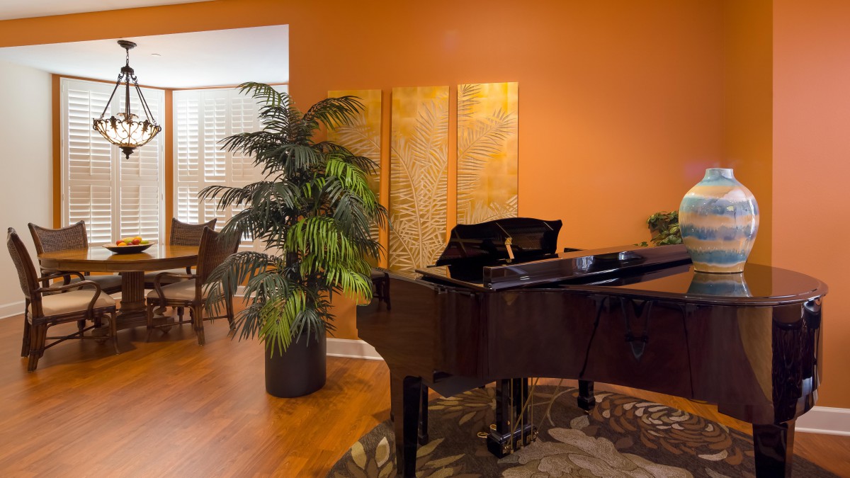 A cozy living room with a grand piano, vibrant orange walls, and decorative plants.