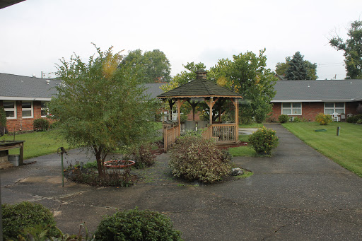 A serene garden featuring a wooden gazebo surrounded by lush greenery and flowering plants.