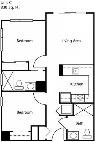 A floor plan showing a two-bedroom apartment with a bathroom, kitchen, and living area.