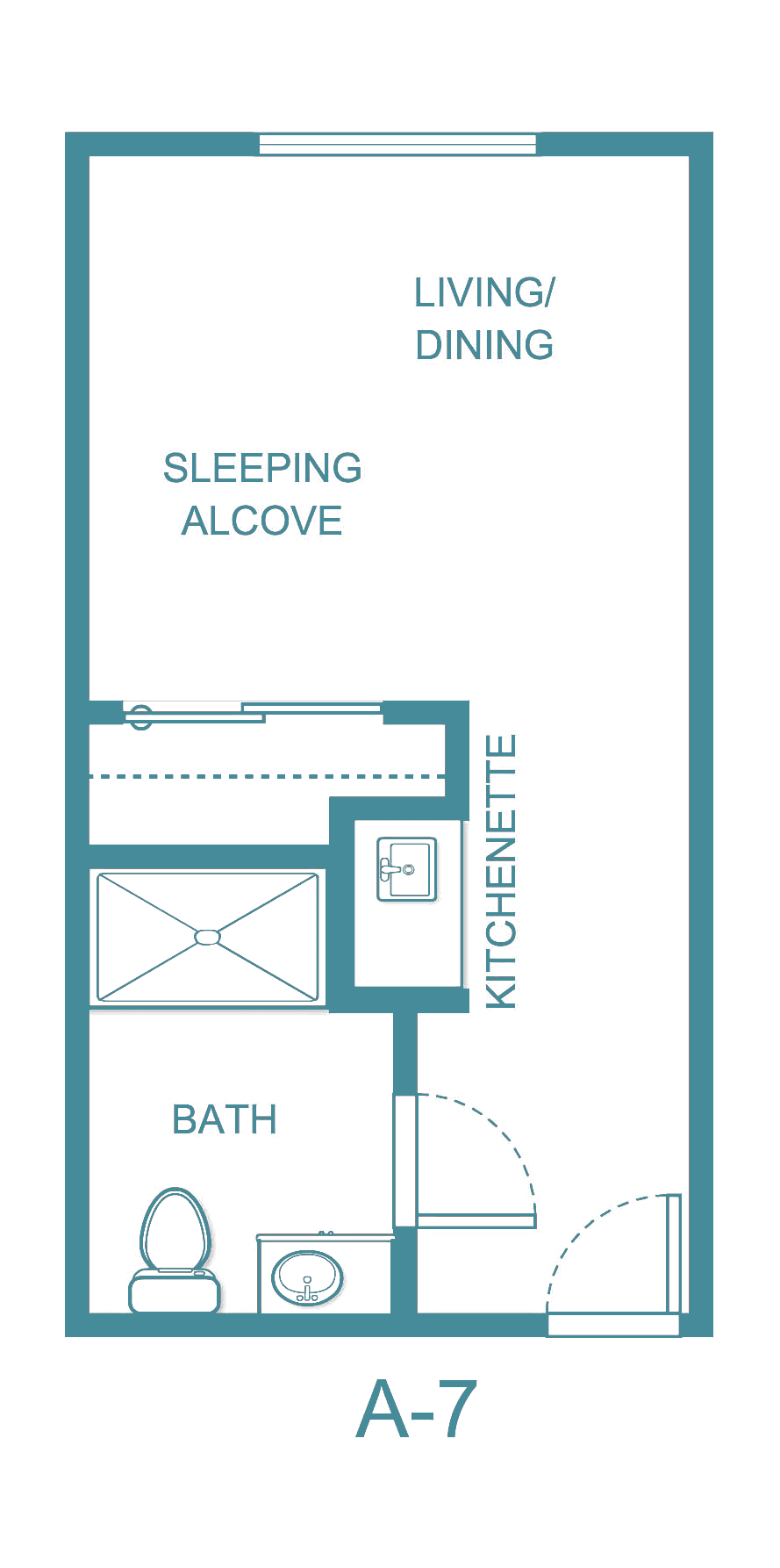 A simple floor plan of a studio apartment with a sleeping alcove, kitchenette, and bathroom.