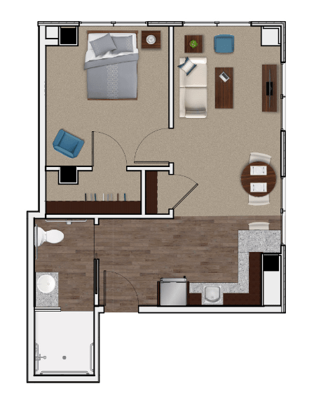 A 1-bedroom apartment floor plan with a living room, kitchen, and bathroom.