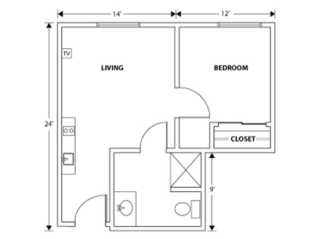 A floor plan of a one-bedroom apartment featuring a living room, bathroom, and closet.
