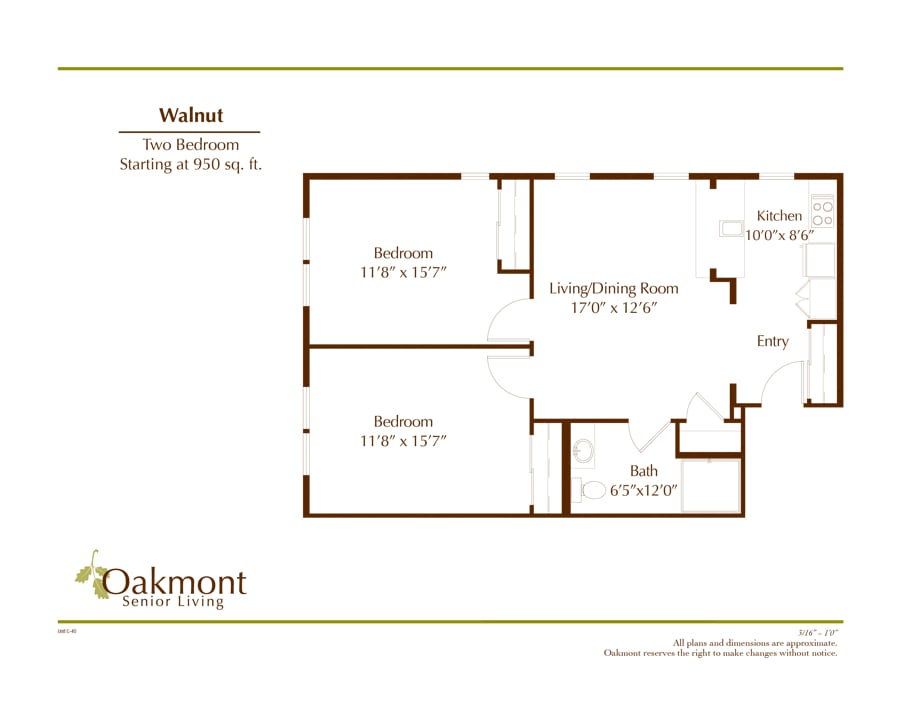 Two-bedroom apartment floor plan with dimensions.