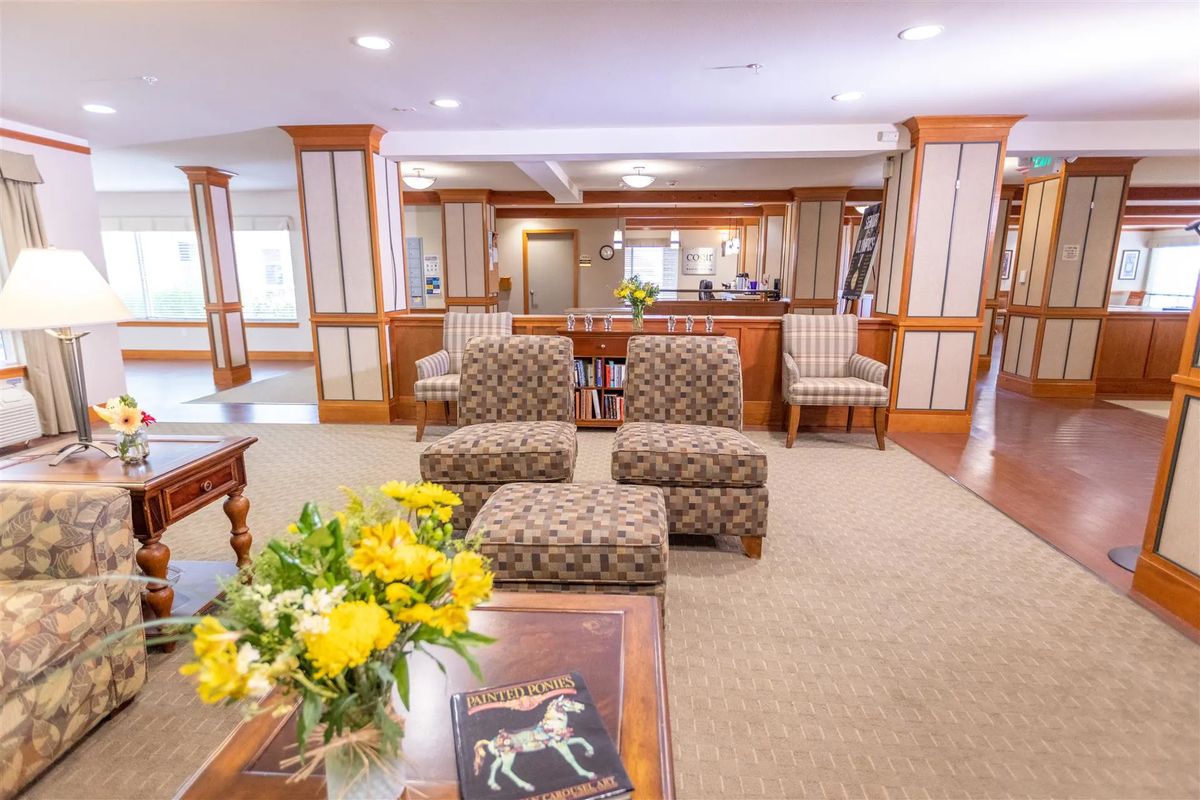 A cozy lobby with comfortable seating and elegant decor.