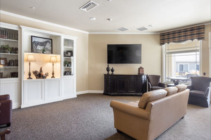 A modern living room with a sofa, television, and built-in shelves.