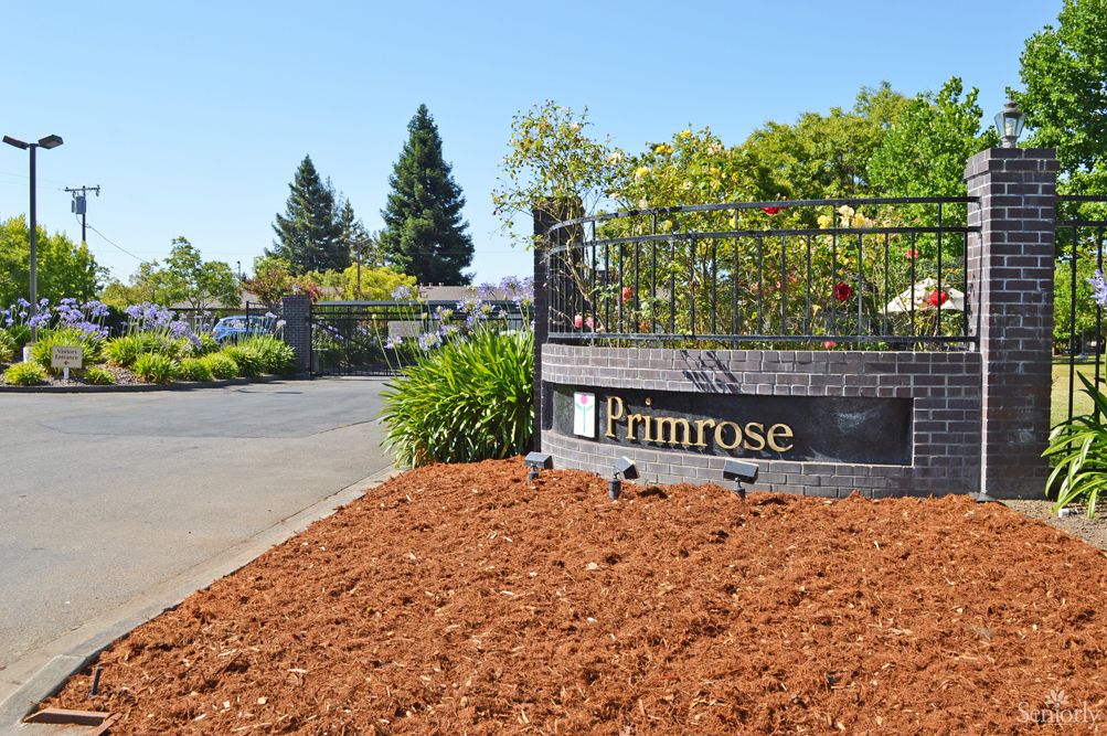 Entrance sign for Primrose Apartments surrounded by well-maintained landscaping.