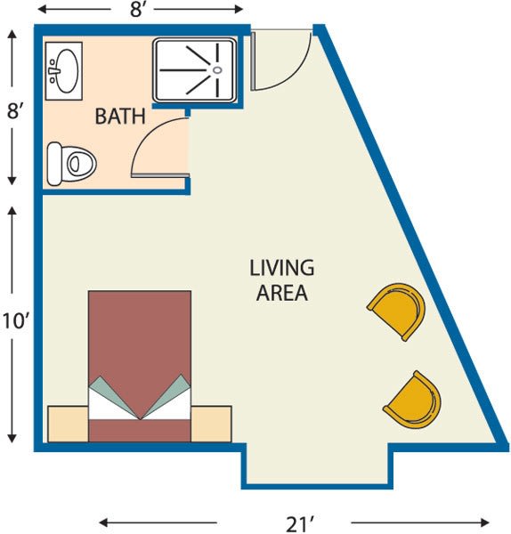 A floor plan of a small apartment featuring a living area, bed space, and bathroom.
