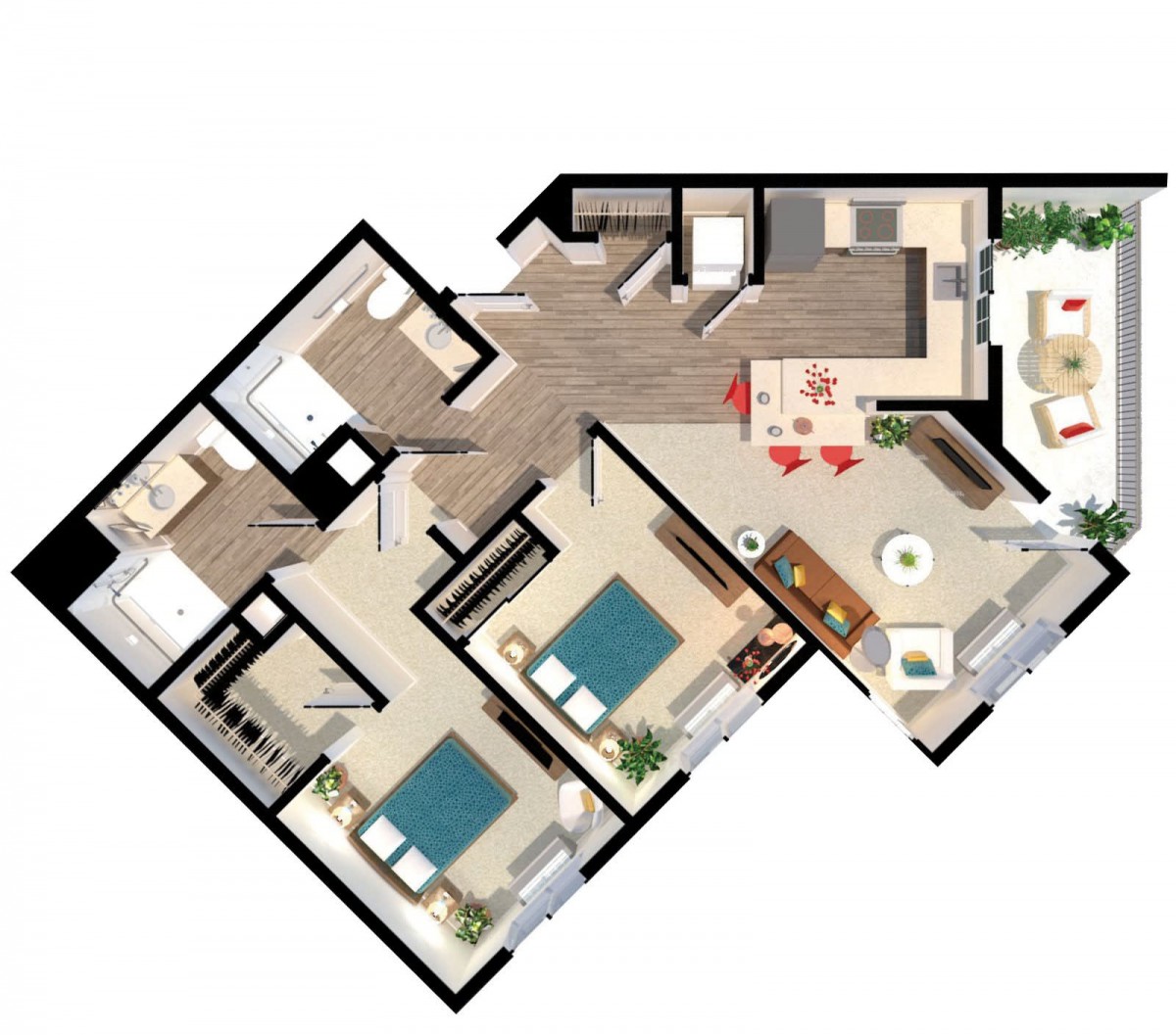 A 2-bedroom apartment floor plan featuring a living room, kitchen, and two bathrooms.