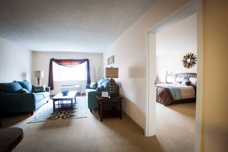 A cozy apartment interior with a living room and an adjacent bedroom.