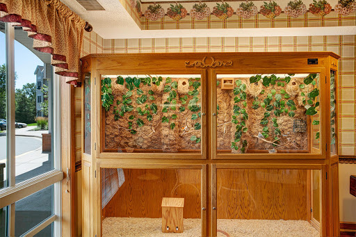 A beautifully designed wooden animal enclosure featuring lush greenery.