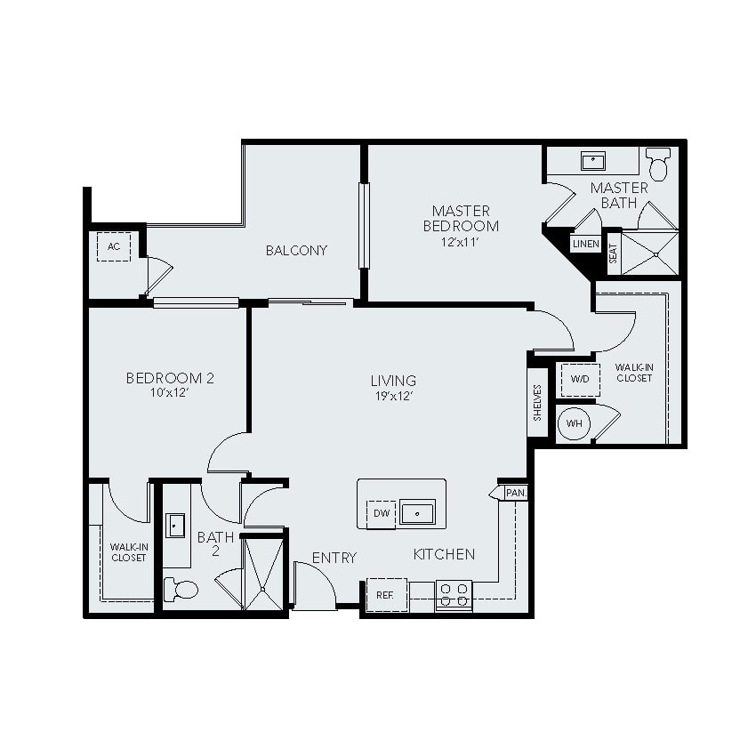 A detailed floor plan of an apartment with labeled rooms, including a kitchen, living room, two bedrooms, and bathrooms.