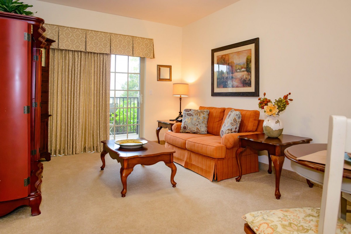 A cozy living room featuring an orange sofa, a wooden coffee table, and classic decor elements.