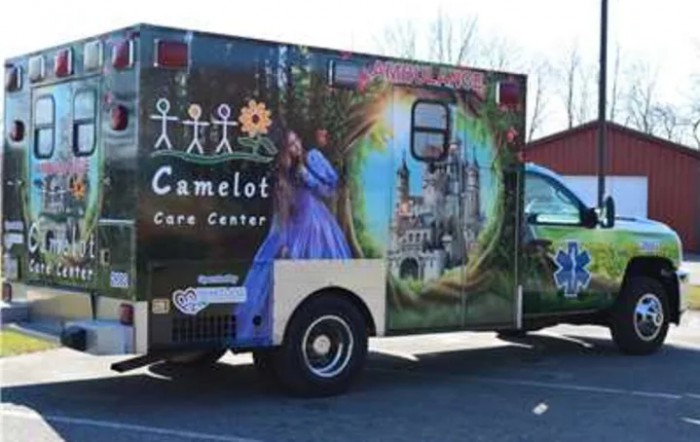 An ambulance decorated with a fantasy-themed design, featuring a castle and the name 'Camelot Care Center'.
