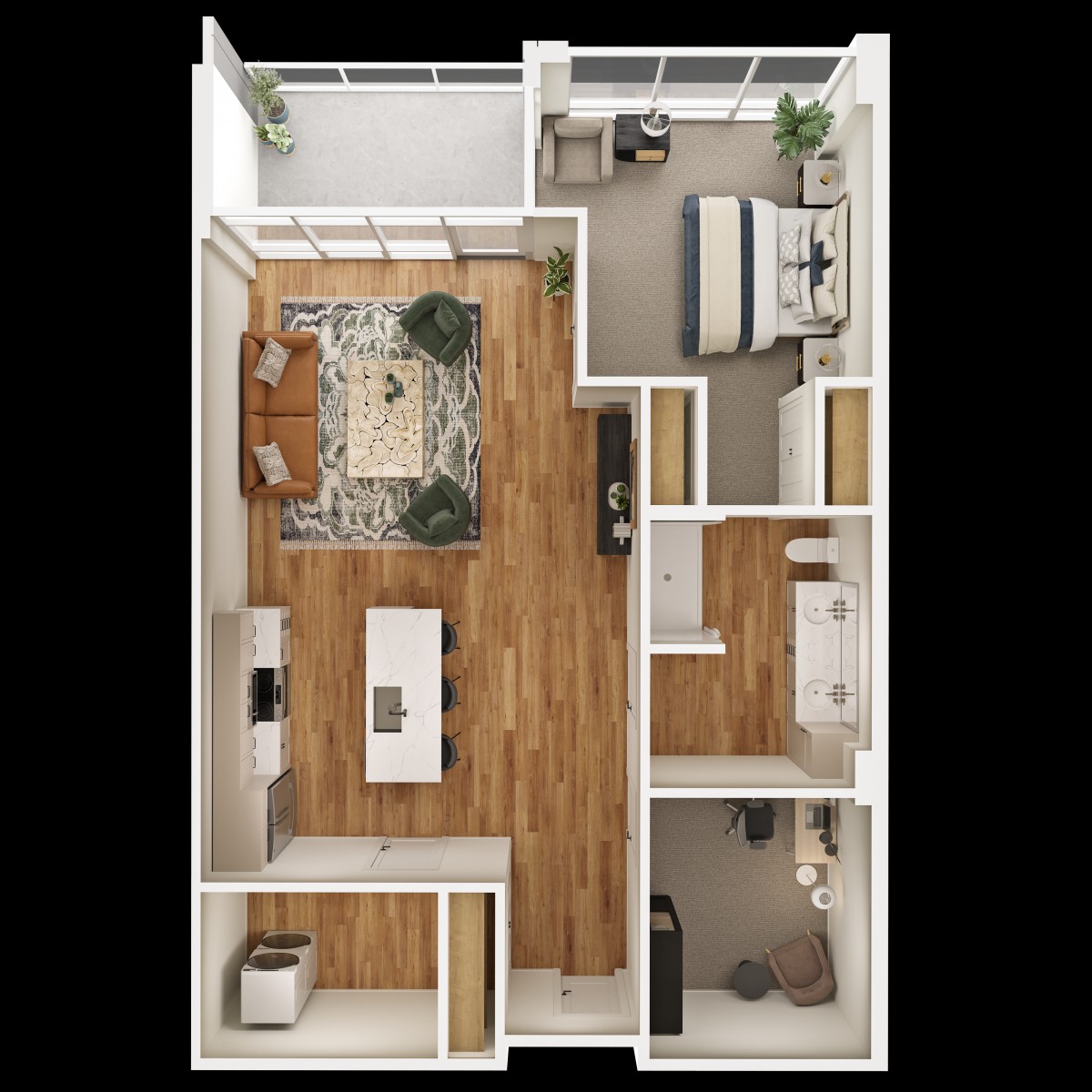 A 3D-rendered floor plan of a modern apartment with one bedroom, living area, kitchen, and bathroom.