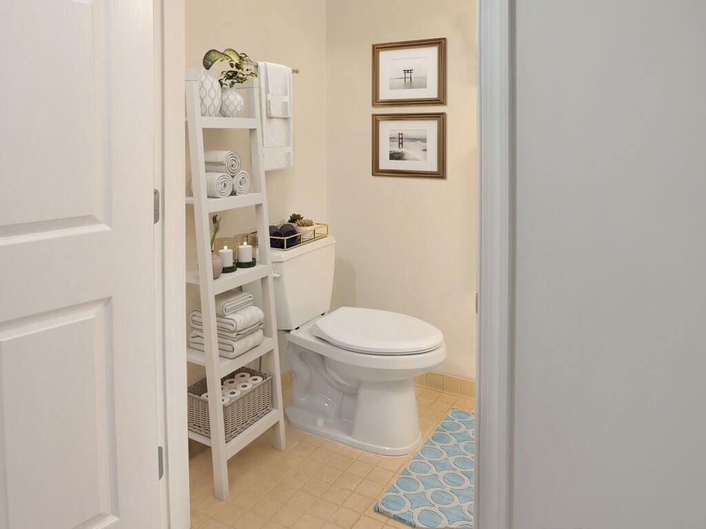 A neatly organized bathroom with shelves and decor.