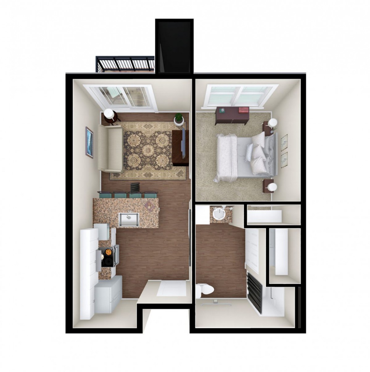 A detailed floor plan of a one-bedroom apartment featuring a kitchen, living room, bedroom, and bathroom.