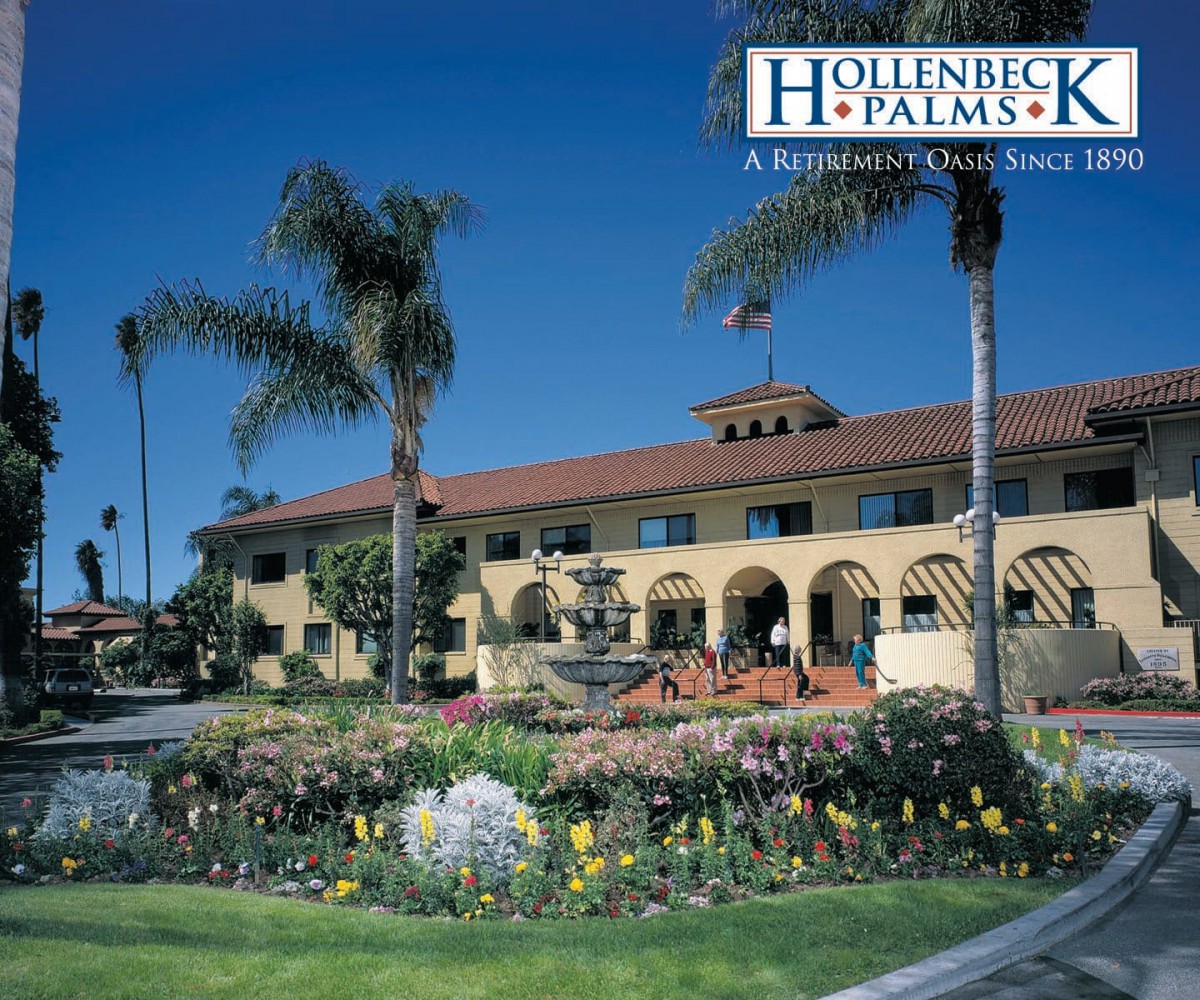 Hollenbeck Palms, a picturesque retirement home, featuring lush gardens and palm trees.