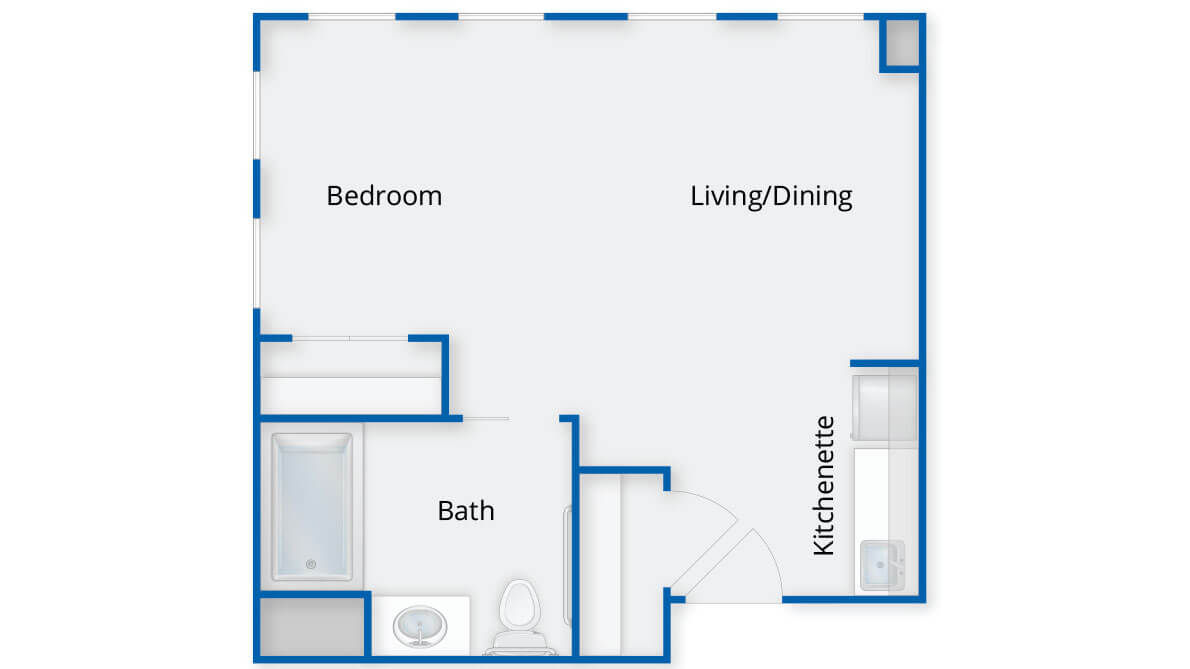 Studio apartment layout featuring a bedroom, living and dining area, bathroom, and kitchenette.