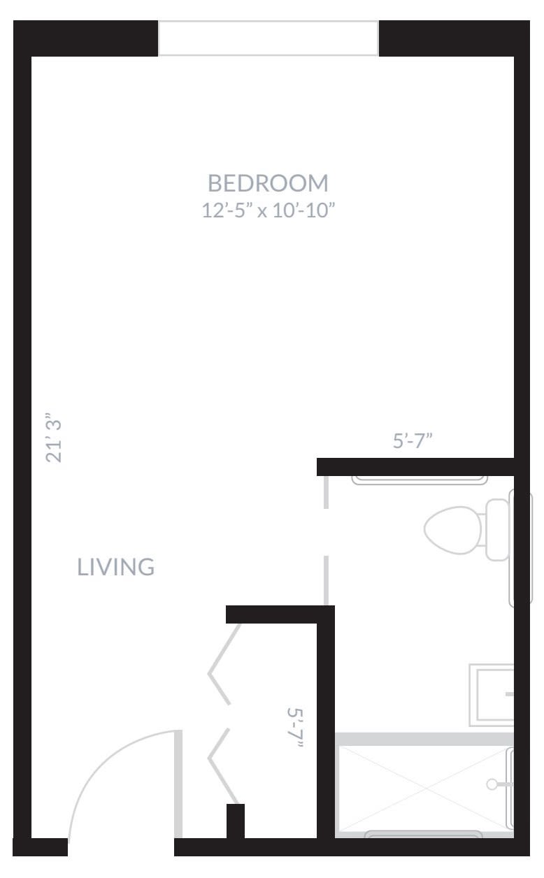 A simple floor plan displaying a bedroom, living room, and bathroom layout.