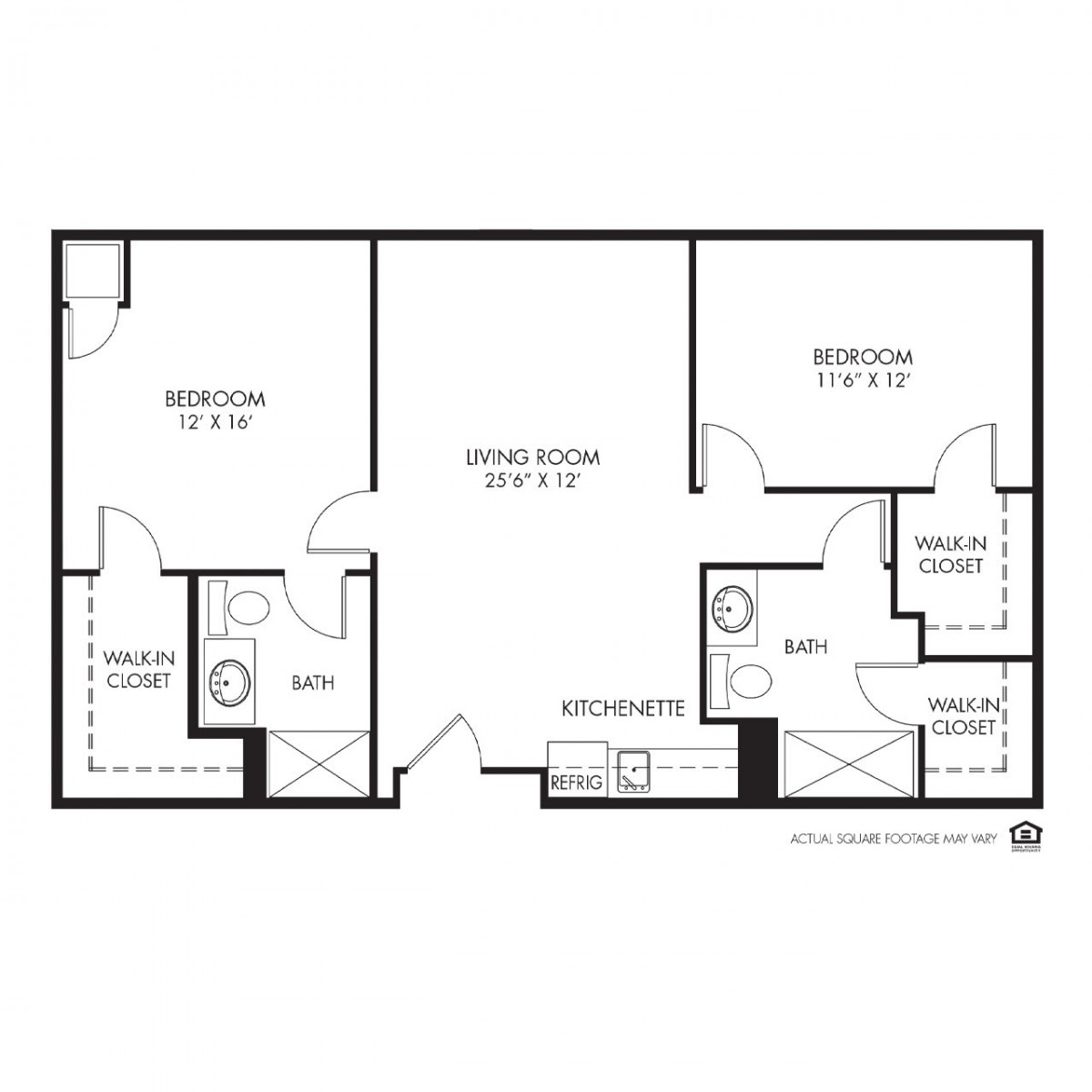A floor plan of a two-bedroom apartment, featuring a living room, kitchen, and two bathrooms.
