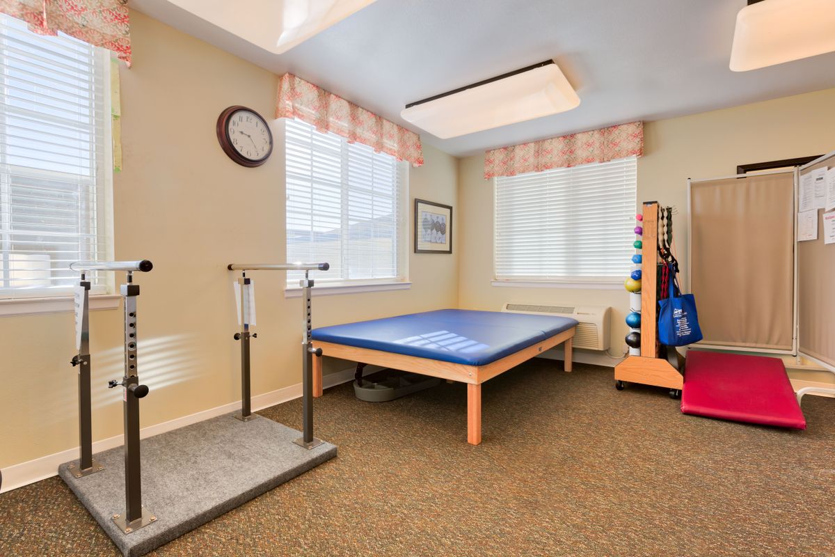 A physical therapy room equipped with a therapy bed, handrails, and various gym weights.