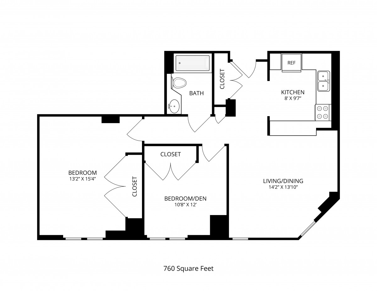 A floor plan of a one-bedroom apartment with living room, kitchen, and bathroom.