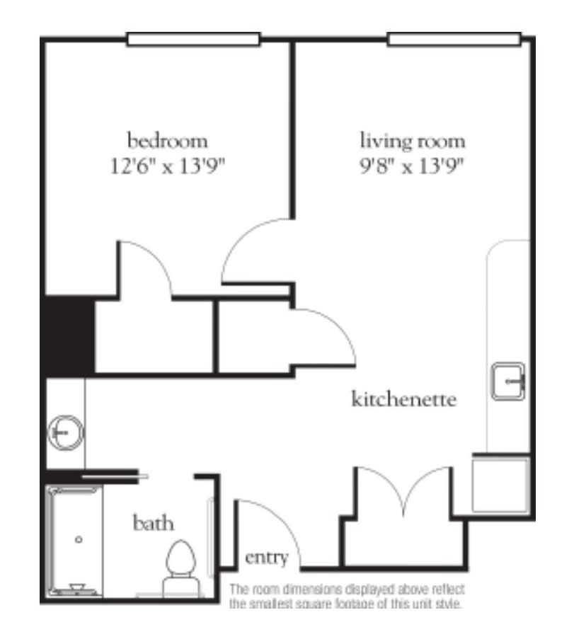 A floor plan showing the layout of a one-bedroom apartment with dimensions for each room.