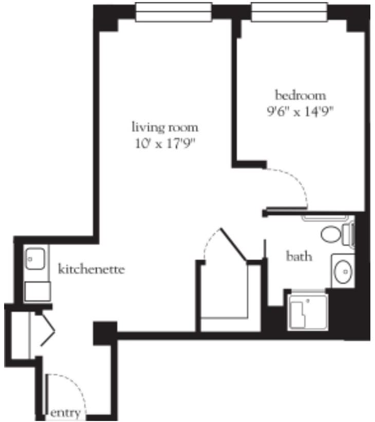 A floor plan showing a one-bedroom apartment with a living room, kitchenette, and bathroom.